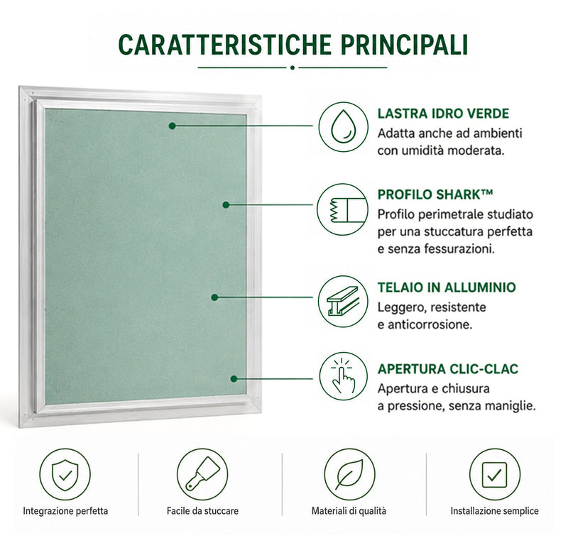 Caratteristiche principali della botola in cartongesso verde idro con profilo Shark e apertura clic-clac