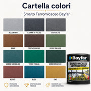 Cartella colori dello smalto ferromicaceo Bayfar con finiture alluminio, canna di fucile, antracite, rame, testa di moro, verdi, rosso, bleu e oro