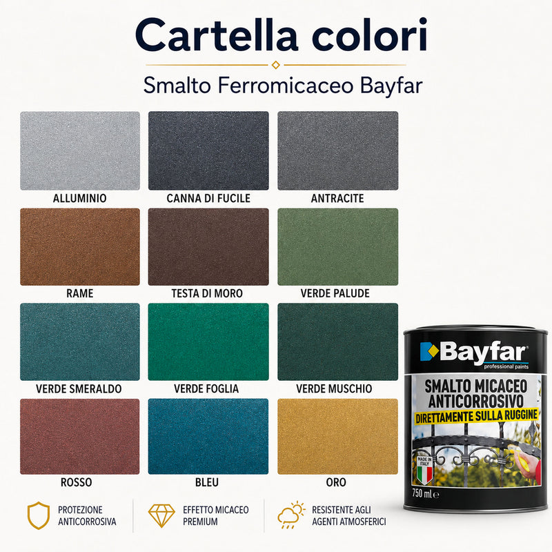 Cartella colori dello smalto ferromicaceo Bayfar con finiture alluminio, canna di fucile, antracite, rame, testa di moro, verdi, rosso, bleu e oro