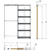 Disegno tecnico del controtelaio Scrigno OPENBOX, con misure e quote di ingombro e luce di passaggio per l'installazione in cartongesso