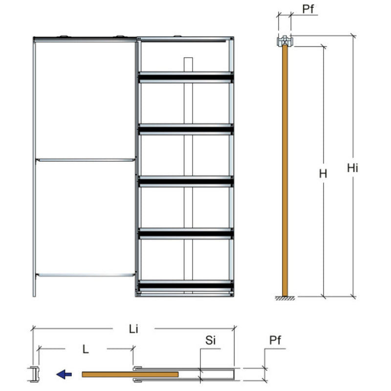 Disegno tecnico del controtelaio Scrigno OPENBOX, con misure e quote di ingombro e luce di passaggio per l'installazione in cartongesso