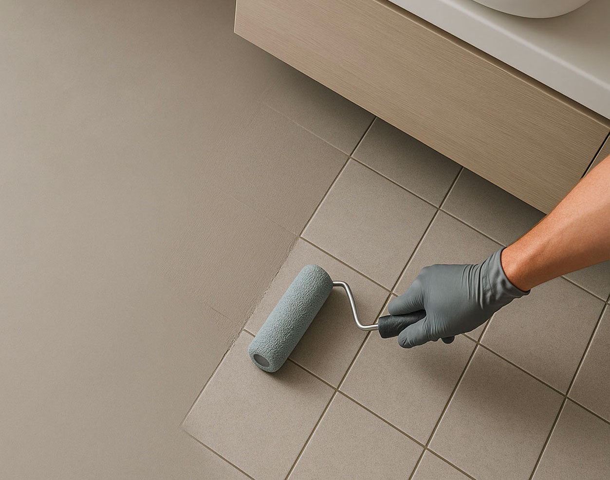 Restyling moderno di un bagno con Microresina Kerakoll: ricolorazione uniforme delle piastrelle e delle fughe in tonalità greige