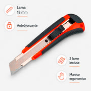 Cutter 18 mm con lama autobloccante, manico in plastica e 2 lame incluse