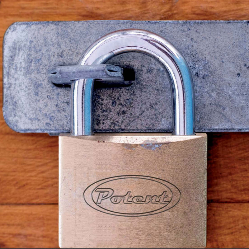 Primo piano di un lucchetto in ottone Potent agganciato a una chiusura in metallo zincato su una porta in legno. Il logo Potent è visibile al centro del corpo del lucchetto