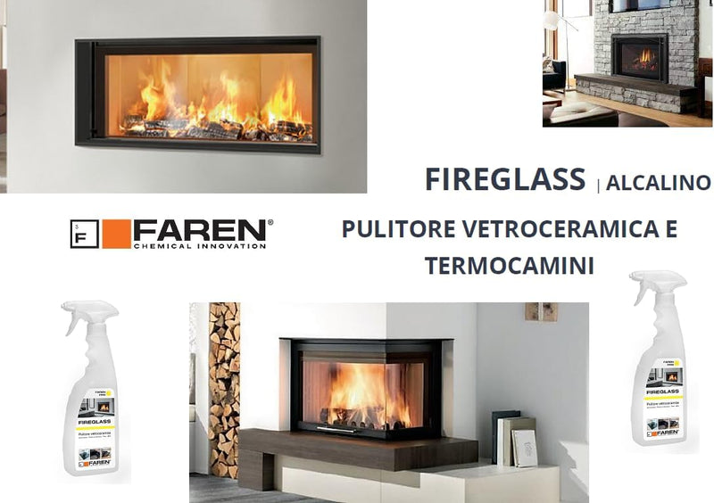Esempi di termocamini moderni puliti con Faren Fireglass, il detergente specifico per mantenere la trasparenza del vetro termico