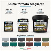 Formati disponibili dello smalto ferromicaceo Bayfar da 750 ml 2,5 litri e 14 litri con finiture disponibili