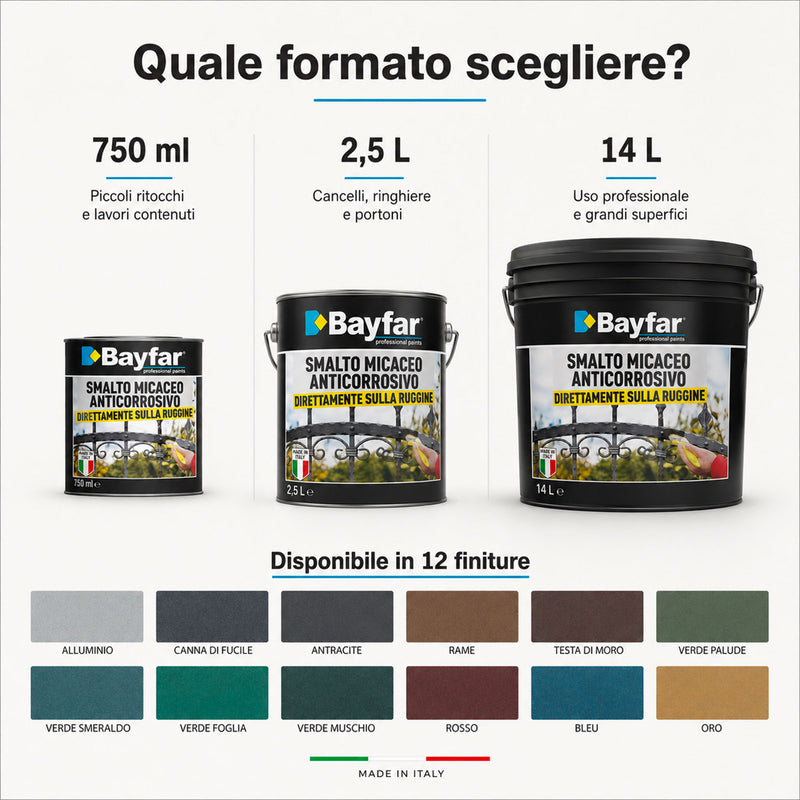Formati disponibili dello smalto ferromicaceo Bayfar da 750 ml 2,5 litri e 14 litri con finiture disponibili