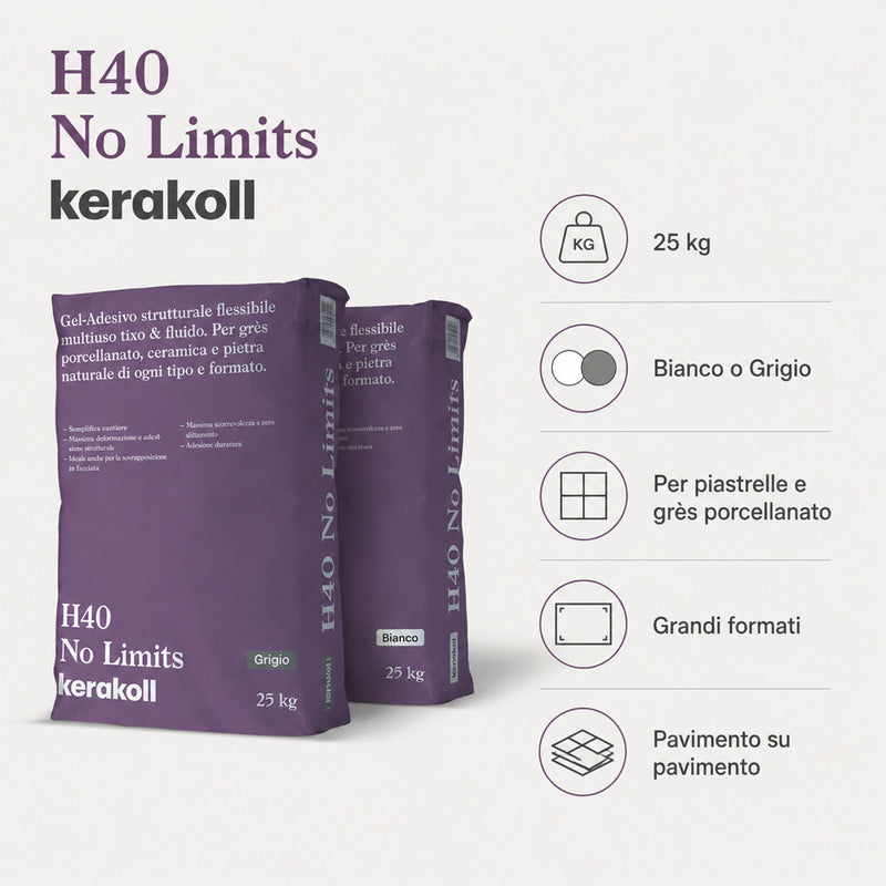 Caratteristiche Kerakoll H40 No Limits 25 kg bianco e grigio per piastrelle e grès