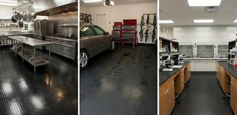 Esempi di applicazione del pavimento in PVC a bolli nero in una cucina industriale, un garage con auto e un laboratorio professionale