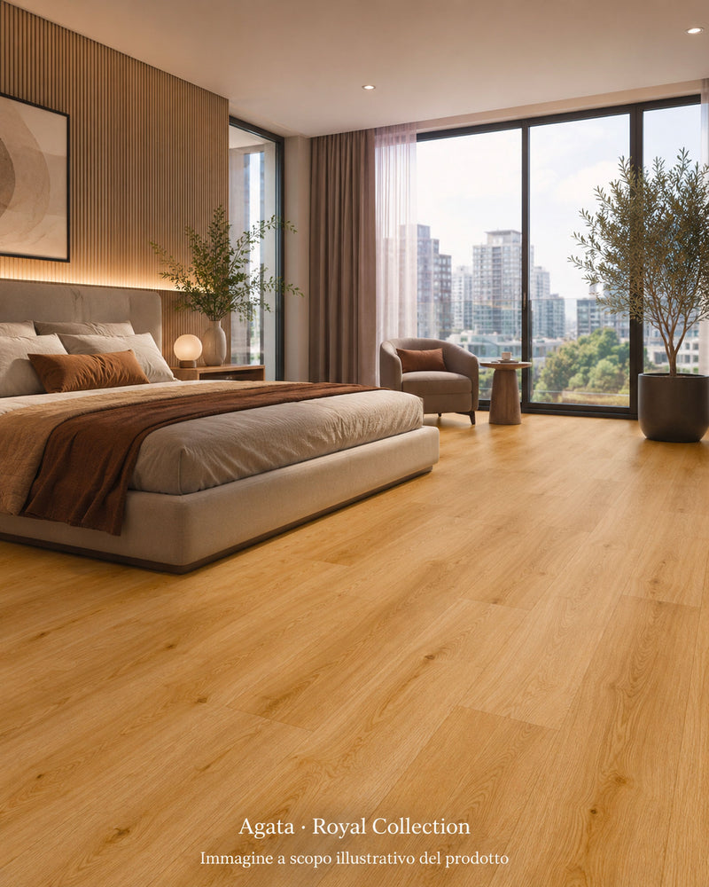 Pavimento SPC Baufloor Agata 6 mm effetto legno installato in camera moderna