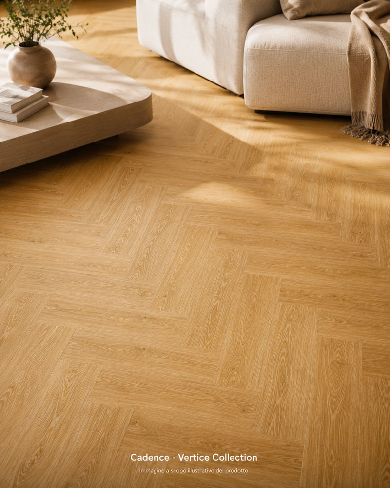 Dettaglio pavimento SPC Baufloor Cadence effetto legno con posa a spina di pesce