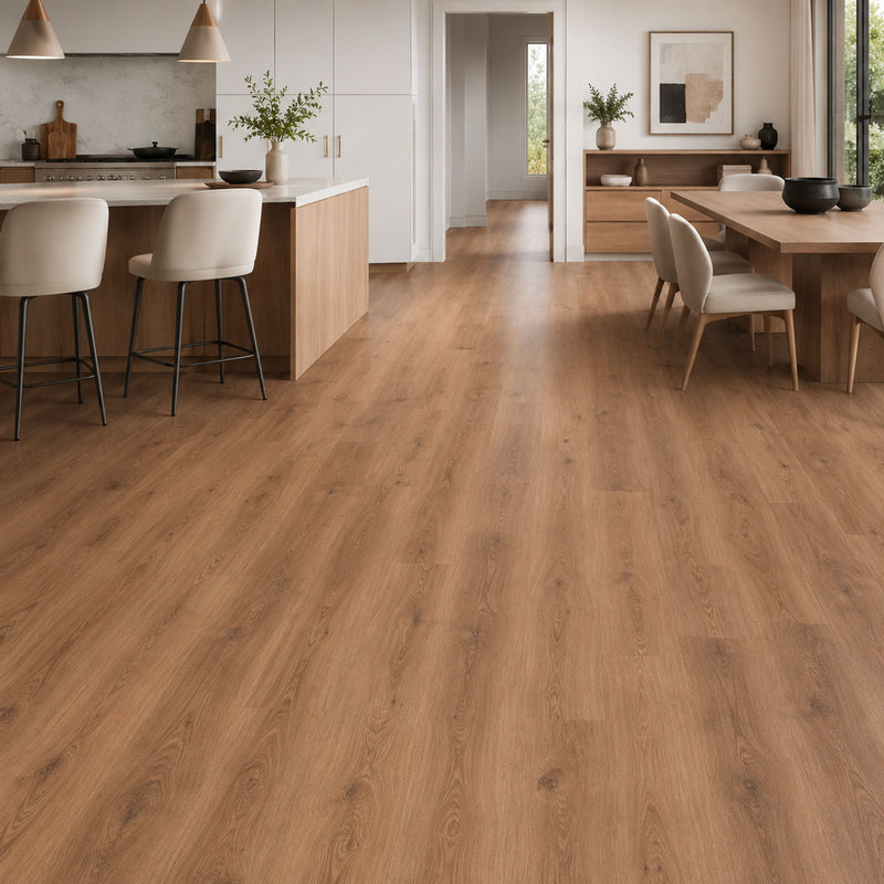 Pavimento SPC Baufloor Giada 7 mm ambientato in cucina e sala da pranzo moderne