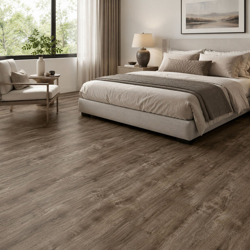 Pavimento SPC Baufloor Lavanda 7 mm ambientato in camera da letto moderna