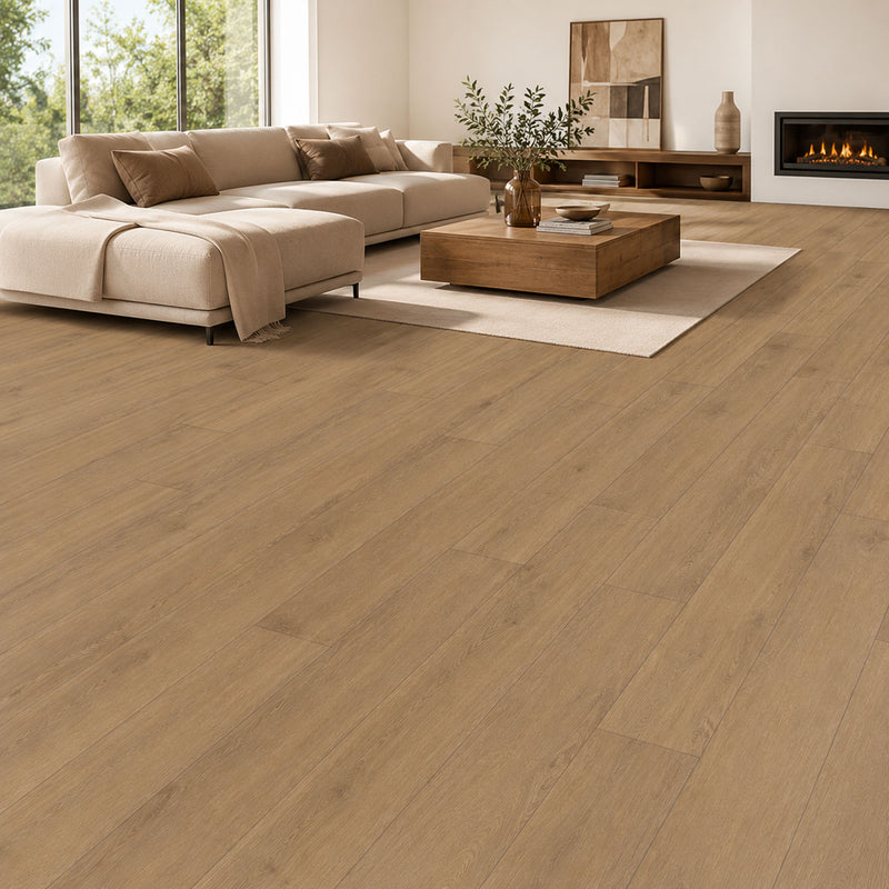Pavimento SPC Baufloor Miele 5 mm effetto rovere miele installato in soggiorno moderno