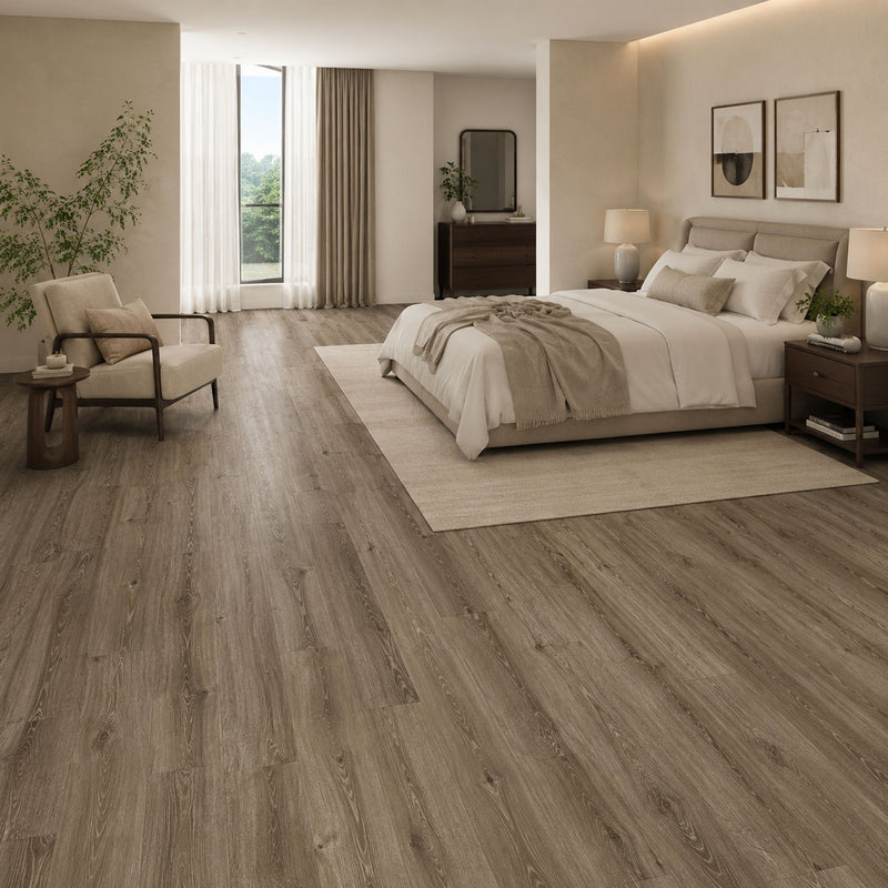 Pavimento SPC Baufloor Mimosa 5 mm effetto legno grigio tortora in camera da letto elegante