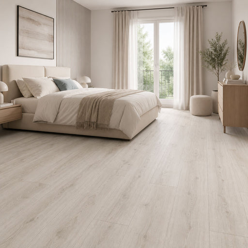 Pavimento SPC Baufloor Mirto 7 mm ambientato in camera da letto moderna
