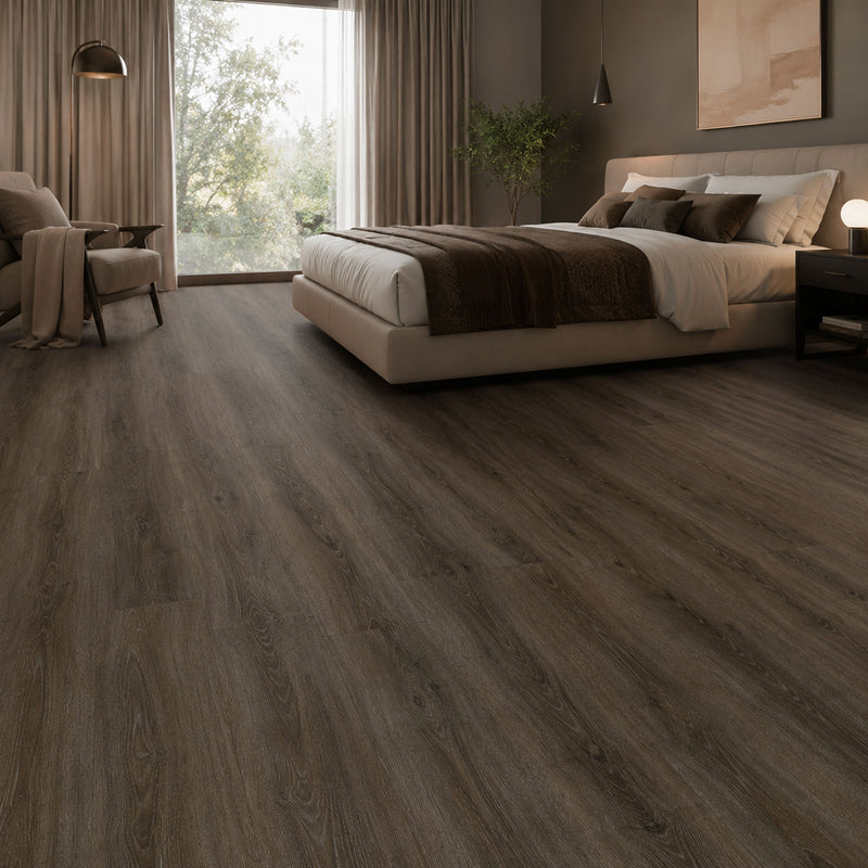 Pavimento SPC Baufloor Pino 7 mm ambientato in camera da letto moderna