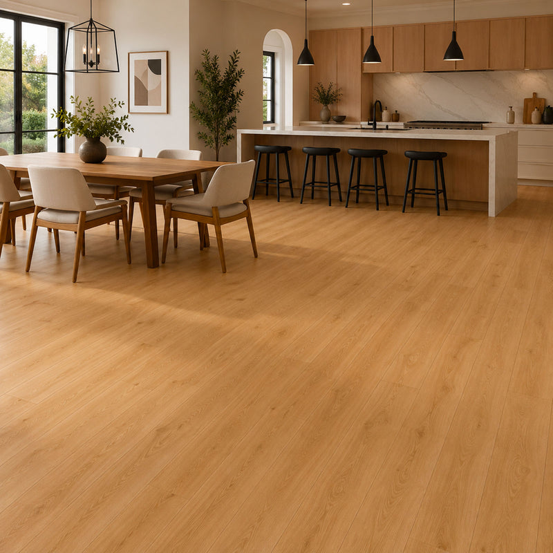Pavimento SPC Baufloor Smeraldo 7 mm ambientato in cucina e sala da pranzo moderne