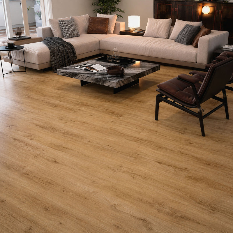 Pavimento SPC Baufloor Tulipano 5 mm effetto legno caldo in soggiorno moderno realistico