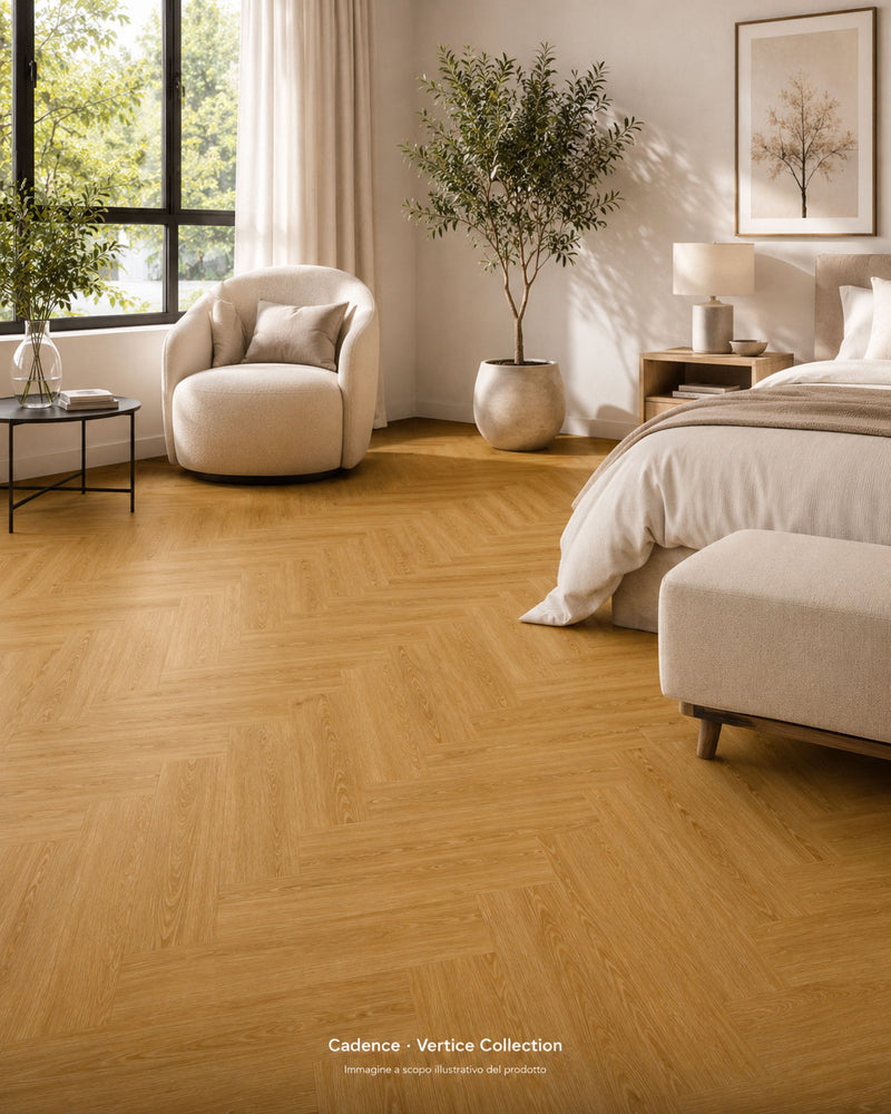 Pavimento SPC Cadence Baufloor 8 mm effetto legno installato in camera elegante