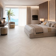 Pavimento SPC Loom Baufloor 8 mm effetto legno chiaro installato in camera elegante