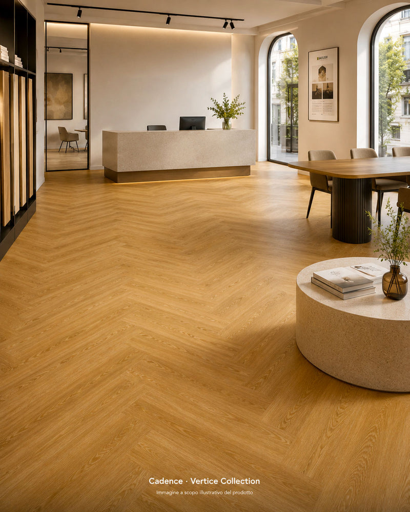 Pavimento SPC spina di pesce Baufloor Cadence per showroom negozi e ambienti professionali