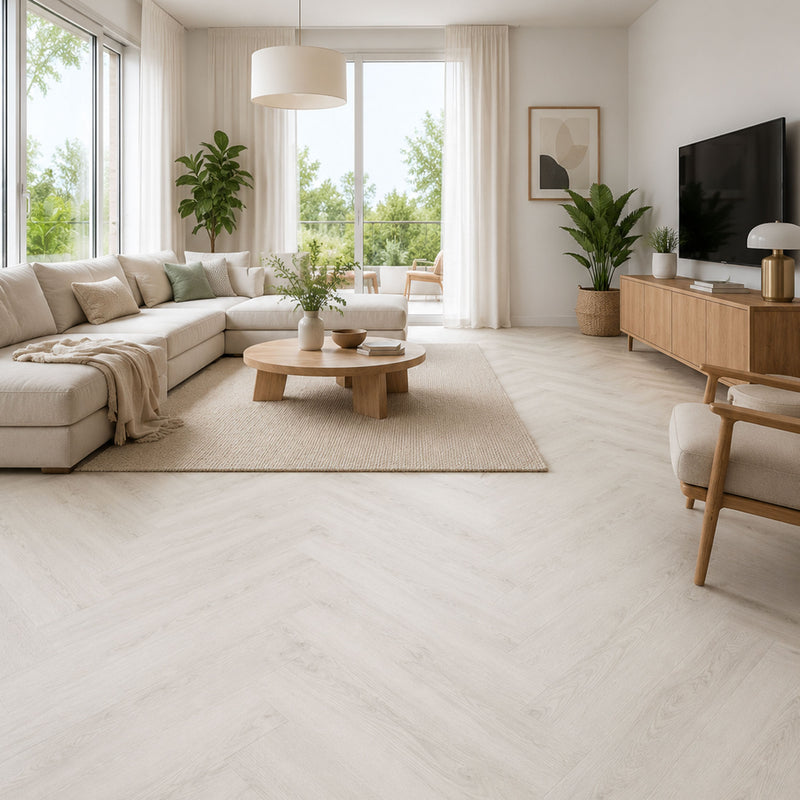 Pavimento SPC spina di pesce Baufloor Loom 8 mm effetto legno chiaro in soggiorno moderno