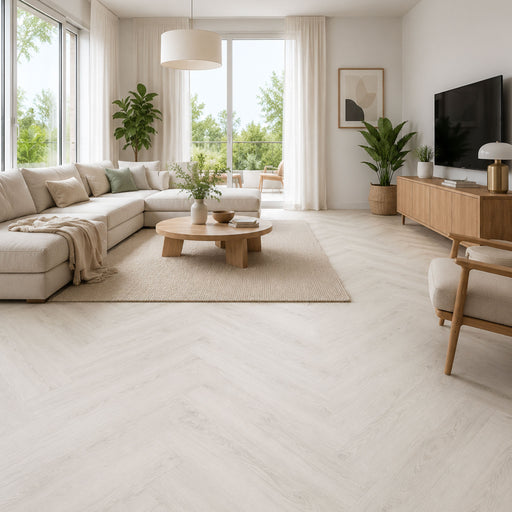 Pavimento SPC spina di pesce Baufloor Loom 8 mm effetto legno chiaro in soggiorno moderno