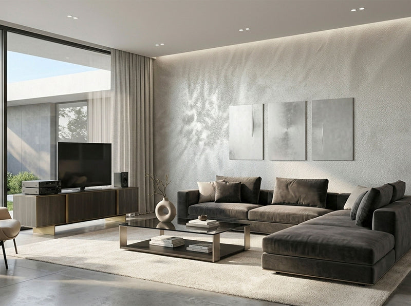 Parete soggiorno decorata con pittura effetto sabbiato argento metallizzato in un interno moderno ed elegante