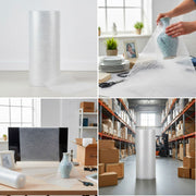 Esempi di utilizzo del pluriball: protezione vasi, monitor TV e imballaggio scatole in magazzino