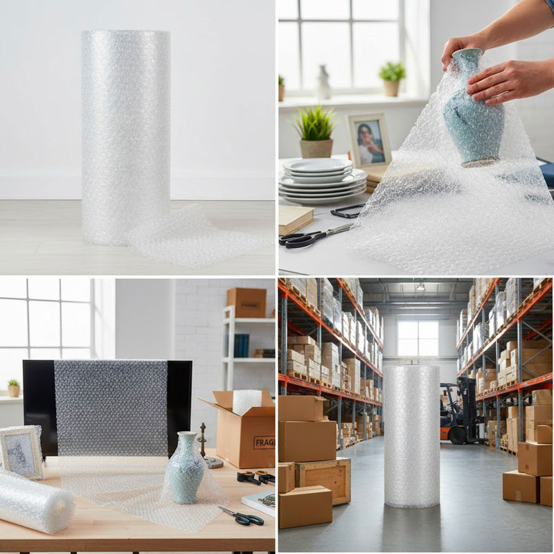 Esempi di utilizzo del pluriball: protezione vasi, monitor TV e imballaggio scatole in magazzino