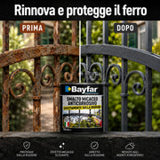 Prima e dopo applicazione dello smalto ferromicaceo antiruggine Bayfar su ferro arrugginito
