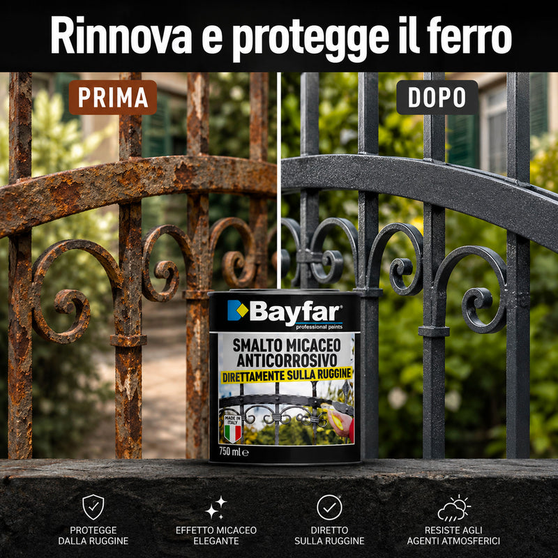 Prima e dopo applicazione dello smalto ferromicaceo antiruggine Bayfar su ferro arrugginito