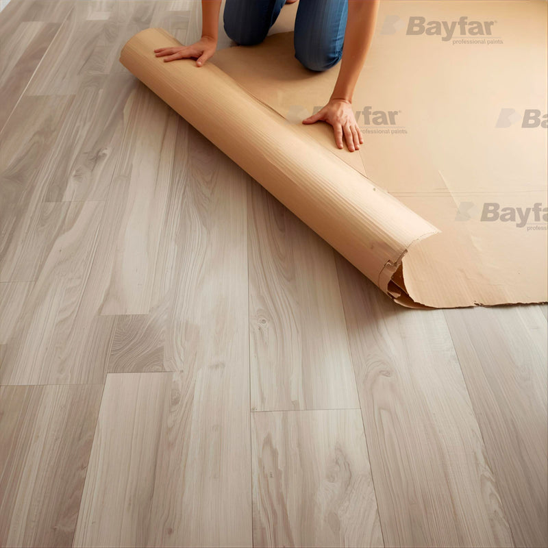 Donna che srotola un rotolo di cartone ondulato Bayfar per la protezione del pavimento in legno chiaro prima di un lavoro di pittura.