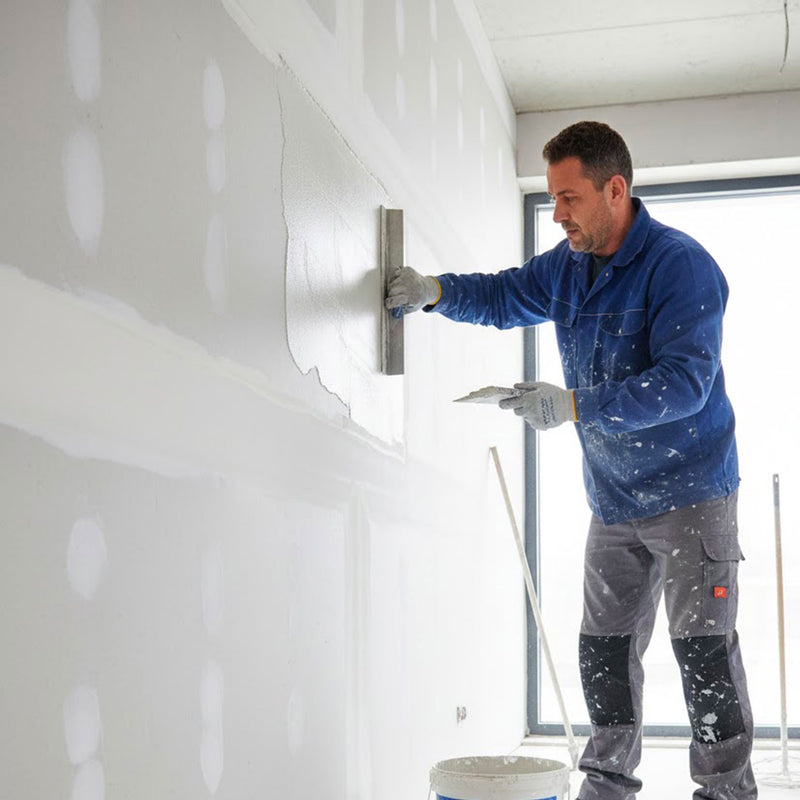 Applicazione di stucco in pasta Rasatech su una parete in cartongesso con l'utilizzo di una spatola metallica professionale