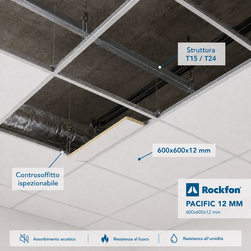 Pannello Rockfon Pacific installato su struttura per controsoffitto T15 e T24