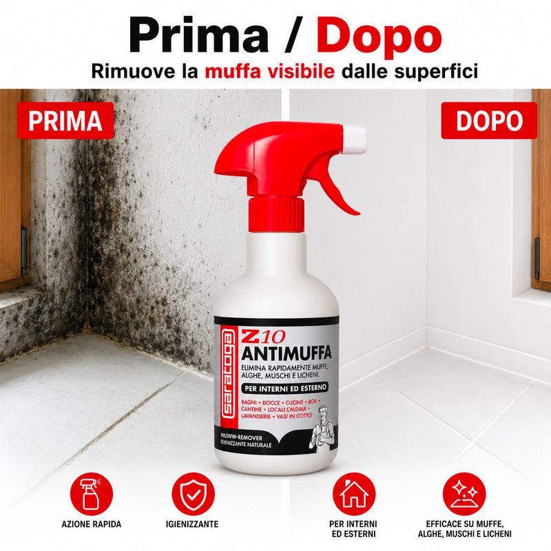 Prima e dopo con Saratoga Z10 spray antimuffa su parete con muffa visibile
