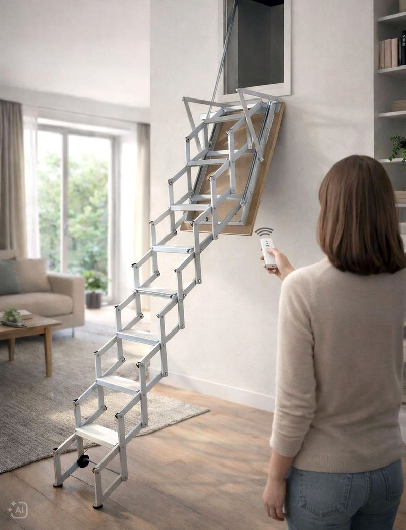 Scala retrattile motorizzata per parete con sistema a fisarmonica e apertura automatica con telecomando in un ambiente domestico moderno
