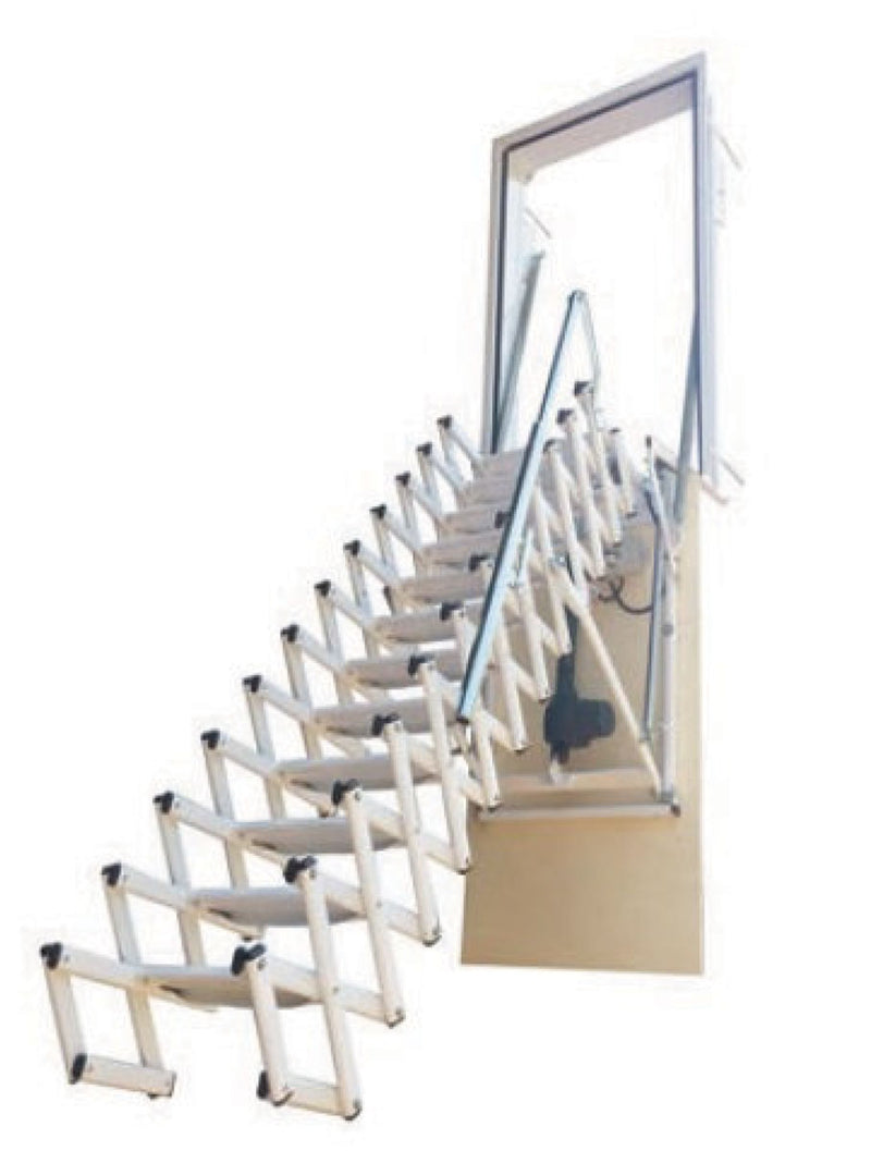 Scala retrattile elettrica a parete in fase di apertura parziale, vista prospettica che mostra la struttura in tubolare bianco e i gradini antiscivolo.