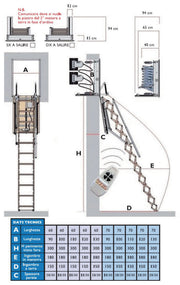 Disegno tecnico con tabella delle dimensioni (A, B, H, E, D, C) per scala retrattile a parete. Mostra gli ingombri di manovra, l'altezza del pavimento e le varianti di montaggio per il motore.