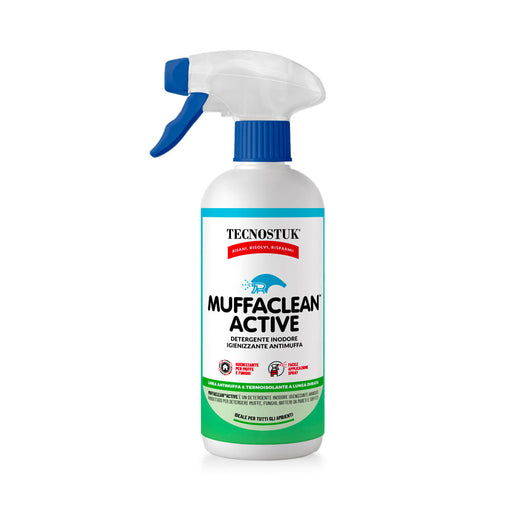 Detergente igienizzante inodore Tecnostuk MuffaClean Active per la rimozione di muffa e funghi prima del trattamento con Fondo Muffa KO.