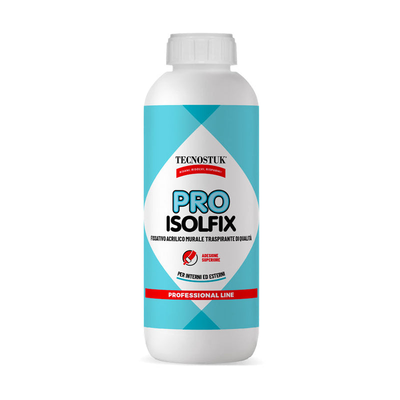Bottiglia di Tecnostuk Pro Isolfix, fissativo acrilico murale traspirante per interni ed esterni con azione consolidante e adesione superiore