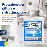 Telo protettivo Bayfar steso su pavimento e mobili durante lavori di pittura