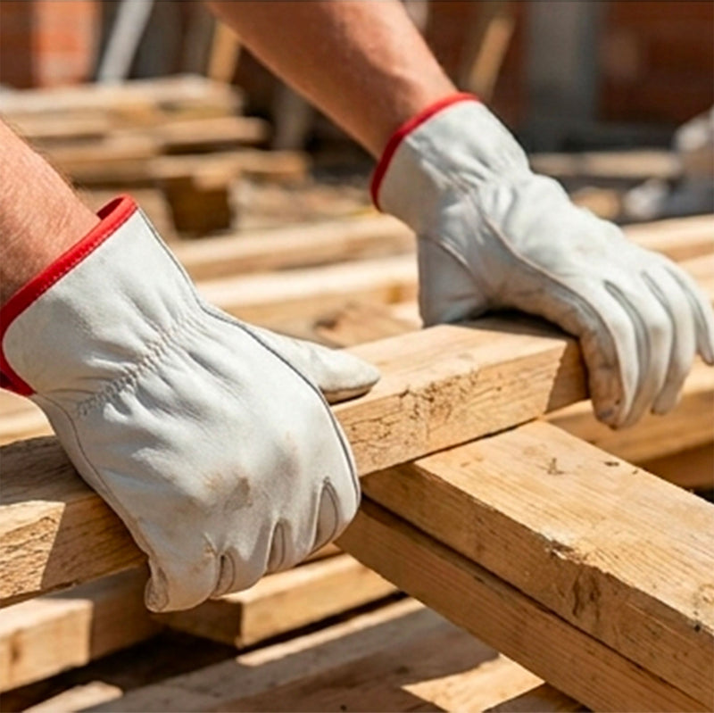 Guanti in pelle pieno fiore bianca utilizzati in cantiere, protezione certificata contro abrasioni e strappi per professionisti e rivenditori