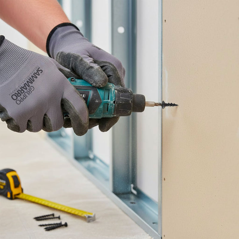 Professionista con guanti Gruppo Sammarro che avvita vite punta chiodo su lastra in cartongesso