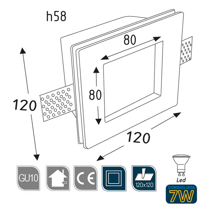 Porta faretto in gesso quadrato da incasso GU10 LED con vetro smeriglianto - CORA