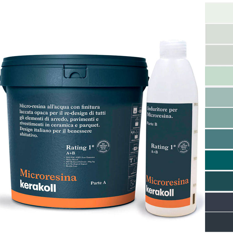 Microresina Kerakoll all’acqua per piastrelle, pavimenti, ceramica e parquet colorata con finitura laccata opaca Petrol Blue